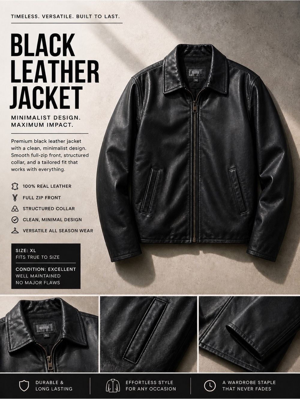ZARA Black Leather Jacket Men’s XL – Minimal Collared Zip – Clean Classic Style